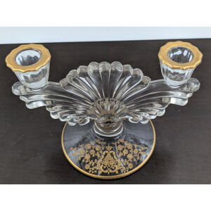 Glastonbury Lotus Rose Bud Gold Encrusted Floral Etched Double Light Candlestick